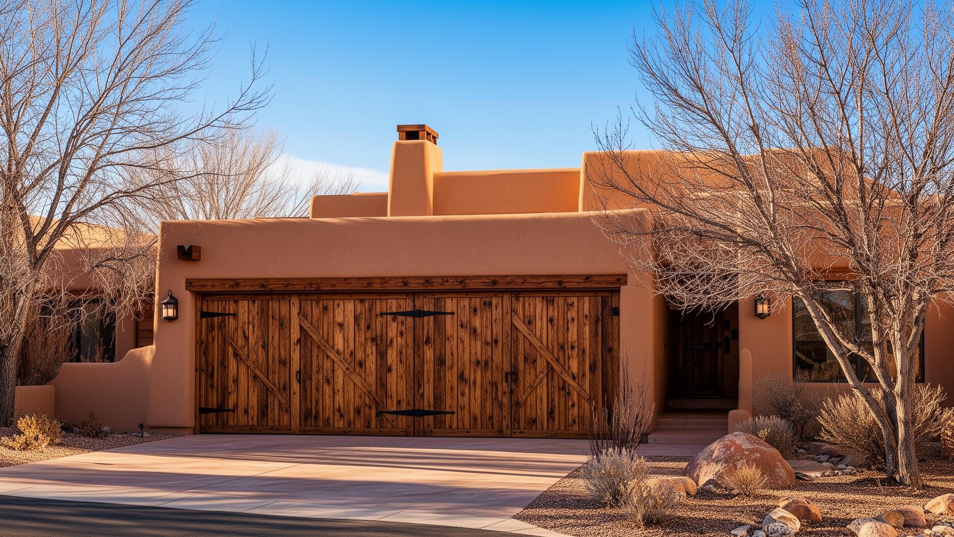 Beautiful rustic wood grain garage door with iron strap hinges on Southwest adobe home